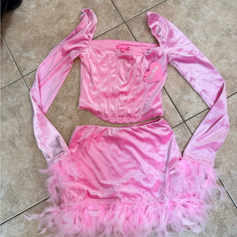 Sugar Thrillz Pink Velvet Feather Trim Skirt Set